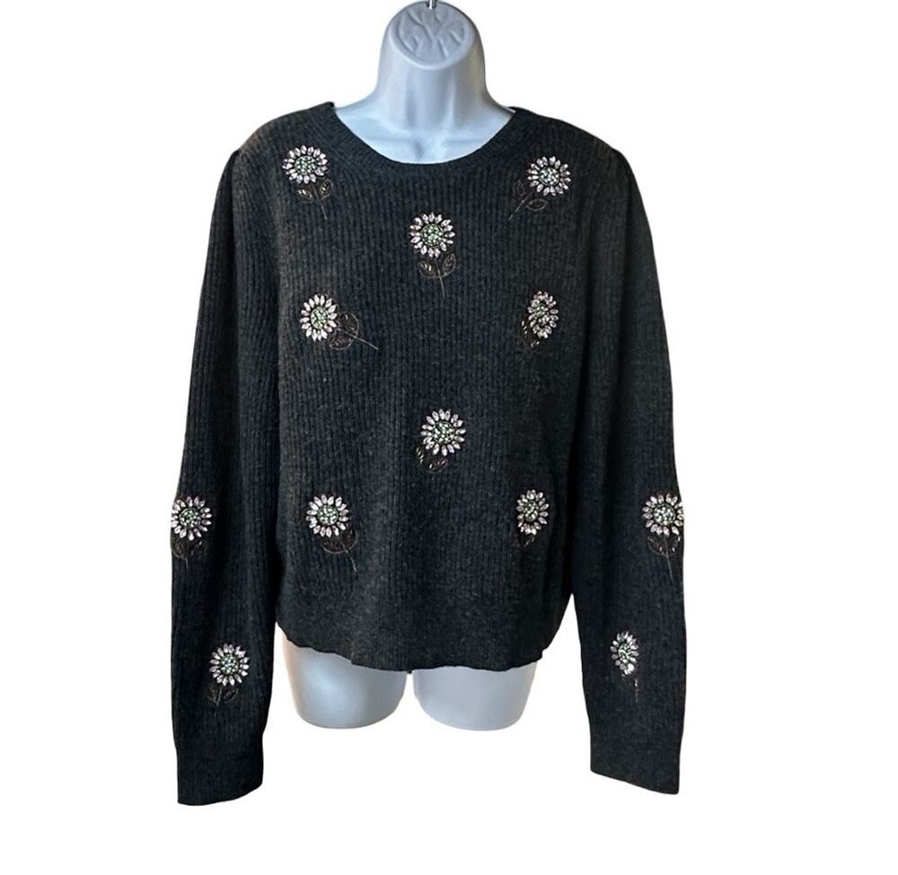 Boden Embellished Floral Sweater Women’s Size 12 Gray Wool Alpaca Rhinestone